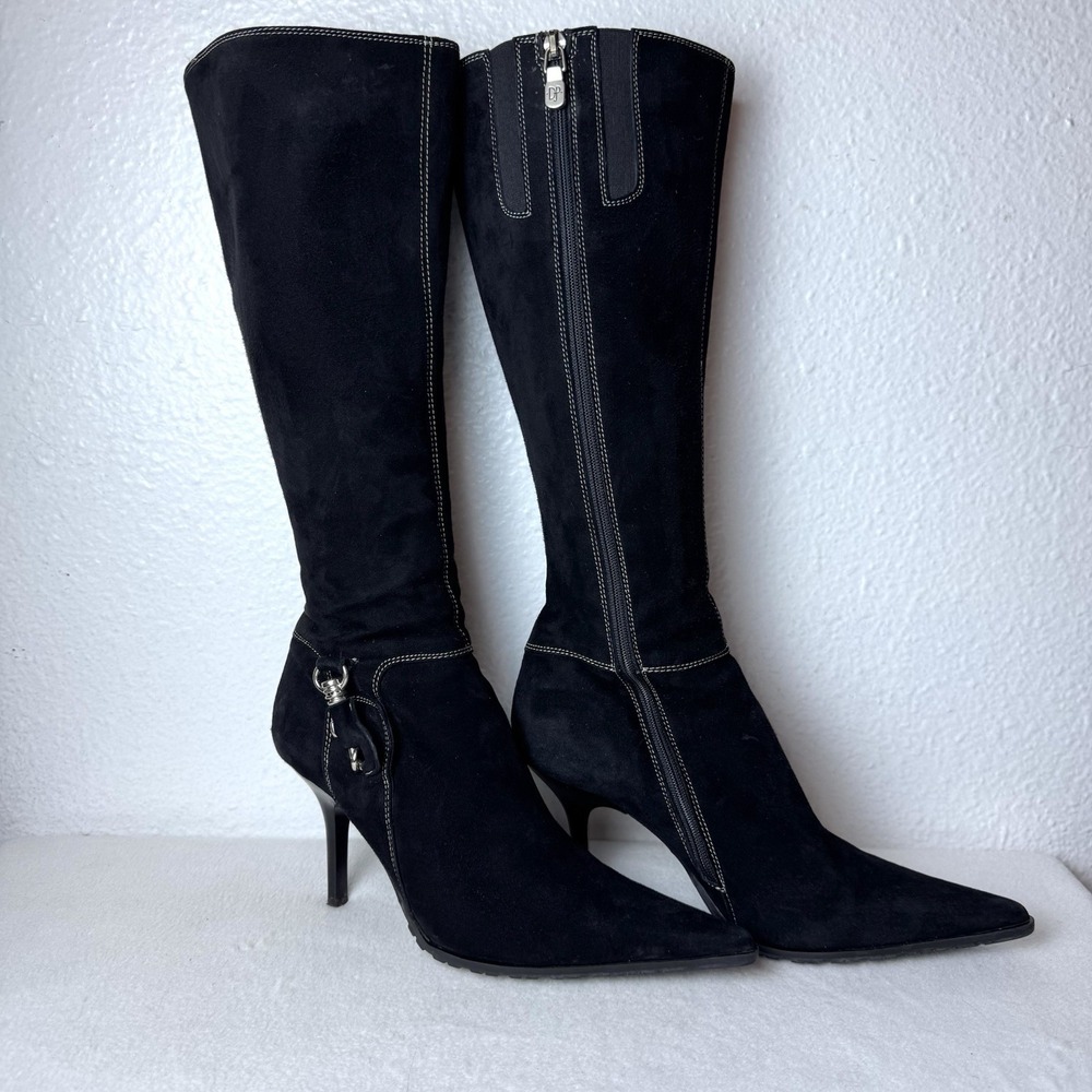 Donald J Pliner Couture Catlyn Boots Womens 6.5 Black Suede Leather Heeled Italy
